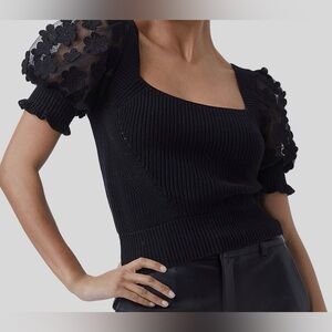 French Connection Black Knit Top - Sheer Floral Lace Sleeves -Size L Square Neck